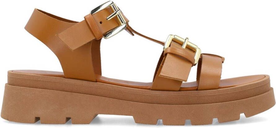 Sacha Dames Cognac leren plateau sandalen met goudkleurige buckles
