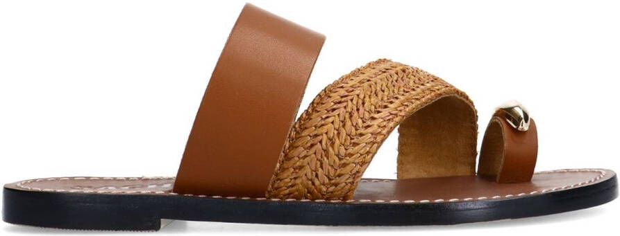 Sacha Dames Congac leren slippers met goudkleurig detail