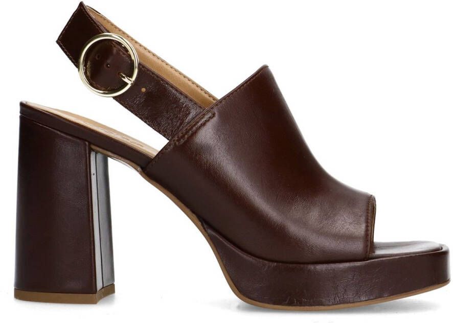 Sacha Dames Donkerbruine leren sandalen met hak en gesp