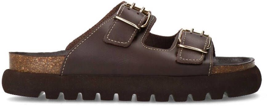 Sacha Dames Donkerbruine leren slippers met zilverkleurige buckles