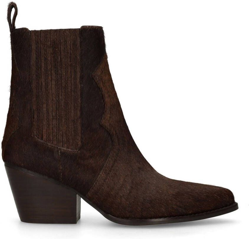 Sacha Dames Donkerbruine pony hair enkellaarsjes met hak