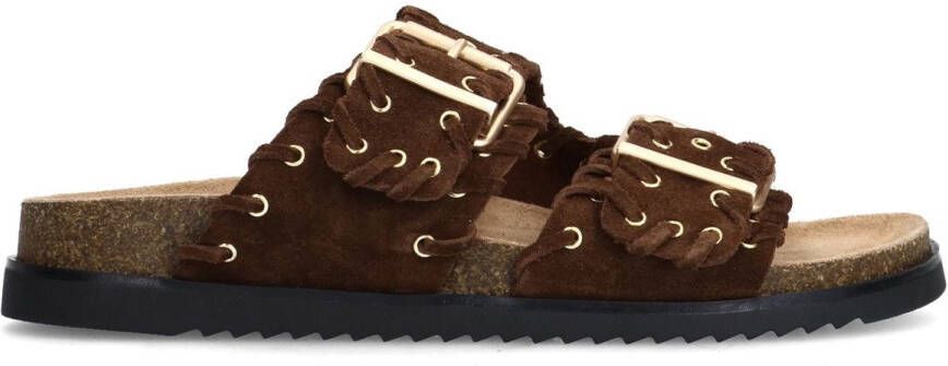 Sacha Dames Donkerbruine suède slippers met goudkleurige buckles