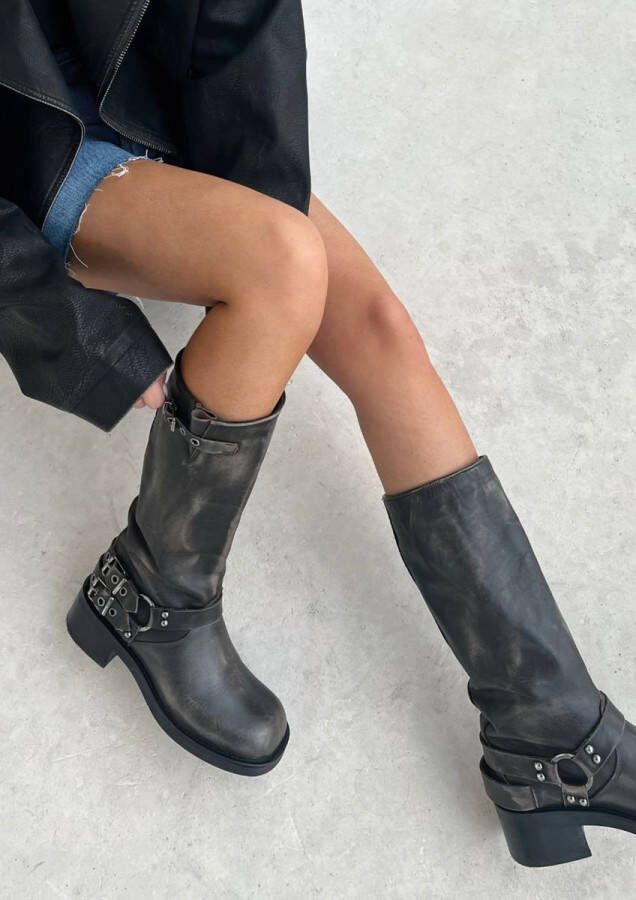 Sacha Dames Greywashed buckle biker boots