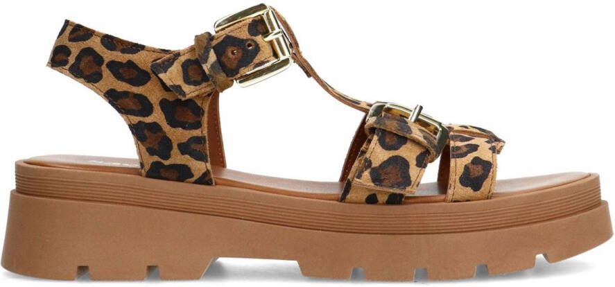 Sacha Dames Leopard suède plateau sandalen met goudkleurige buckles