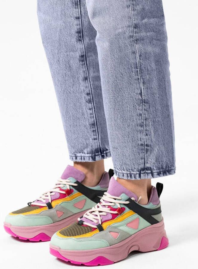 Sacha Dames Multicolor leren platform sneakers met roze zool