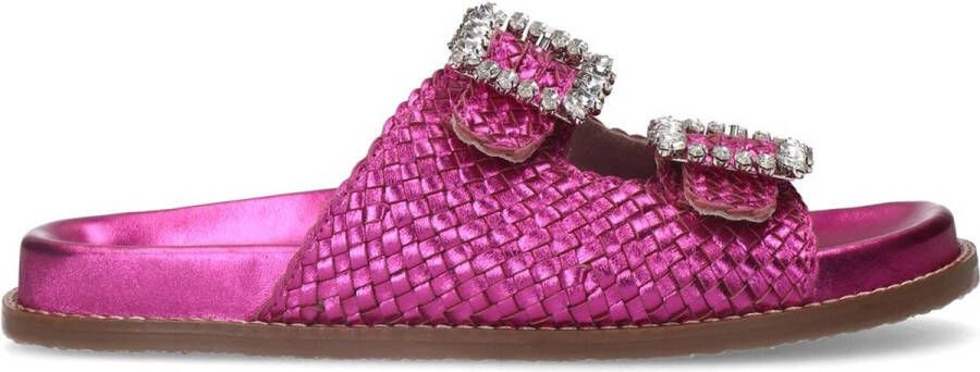 Sacha Dames Roze leren slippers met strass gespen