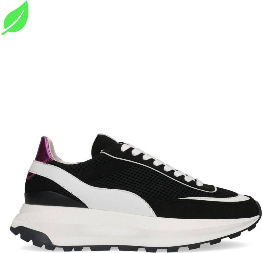 Sacha Dames Vegan zwart witte sneakers met roze detail