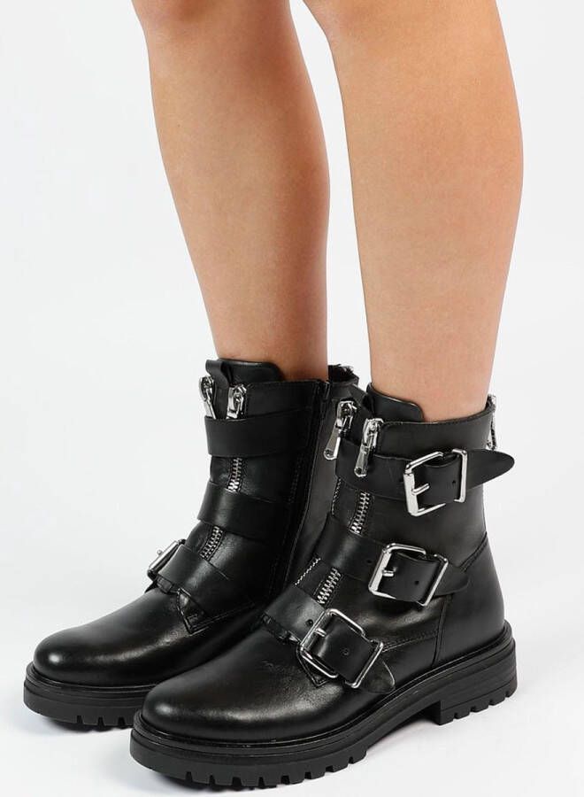 Sacha Dames Zwarte biker boots met zilverkleurige gespen