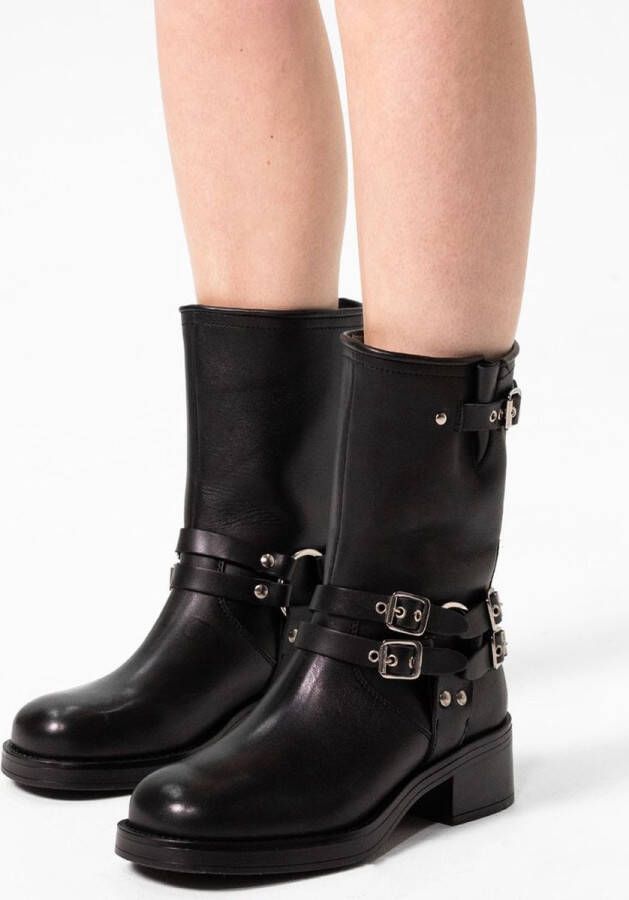 Sacha Dames Zwarte buckle biker enkelboots