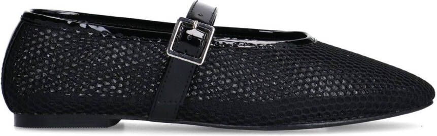Sacha Dames Zwarte fishnet ballerina's met zilverkleurige buckle