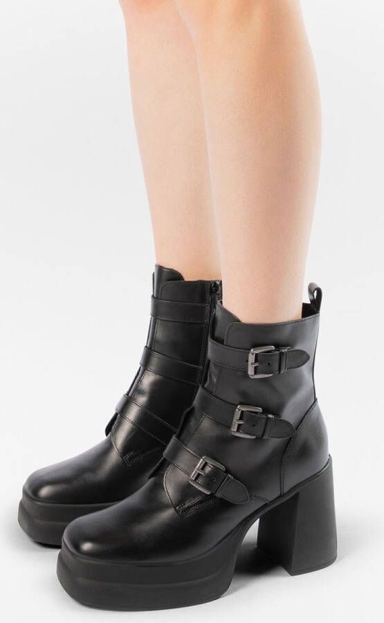 Sacha Dames Zwarte leren biker boots met plateau hak