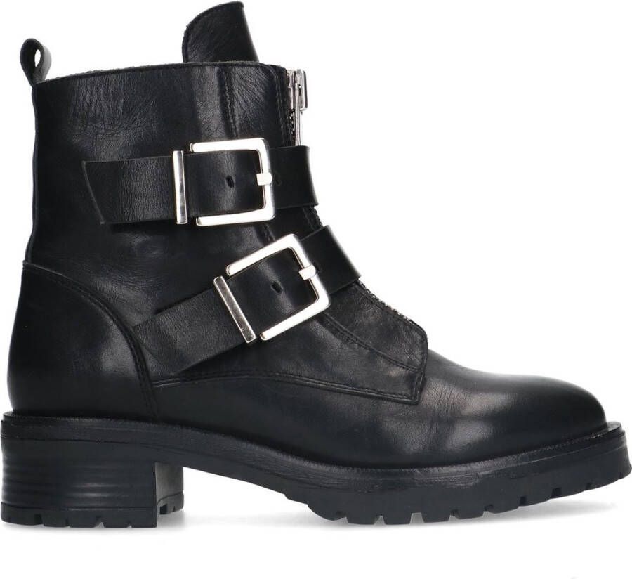 Sacha Dames Zwarte leren biker boots met zilverkleurige gespen