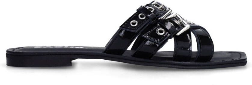 Sacha Dames Zwarte leren buckle slippers