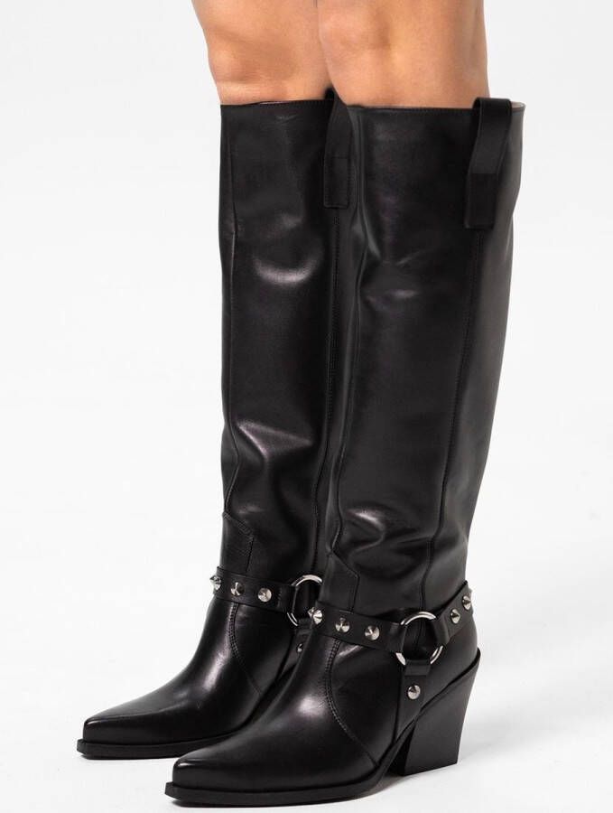 Sacha Dames Zwarte leren cowboylaarzen met zilverkleurige studs
