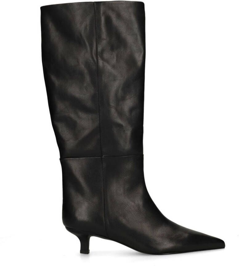 Sacha Dames Zwarte leren hoge laarzen met kitten heel