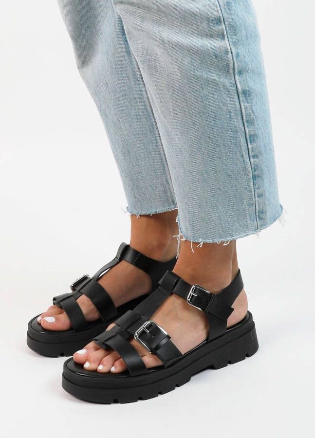 Sacha Dames Zwarte leren plateau sandalen