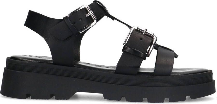 Sacha Dames Zwarte leren plateau sandalen met goudkleurige buckles