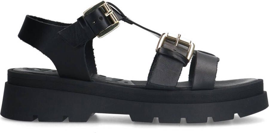 Sacha Dames Zwarte leren plateau sandalen met goudkleurige buckles - Foto 3