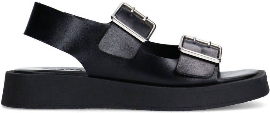 Sacha Dames Zwarte leren plateau sandalen met zilverkleurige buckles