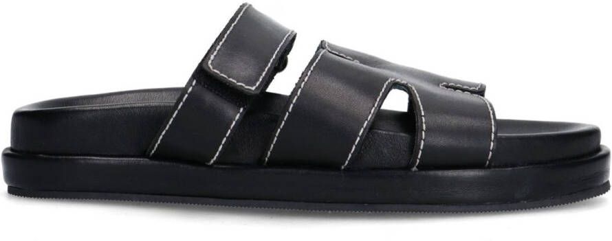 Sacha Dames Zwarte leren slippers met klittenband