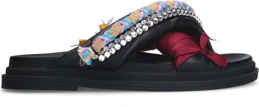 Sacha Dames Zwarte leren slippers met multicolor details
