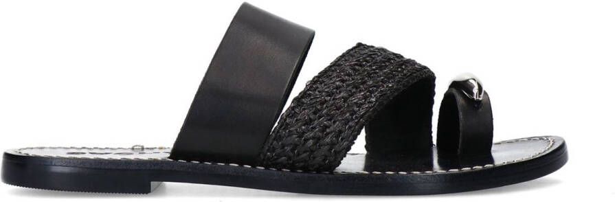 Sacha Dames Zwarte leren slippers met zilverkleurig detail