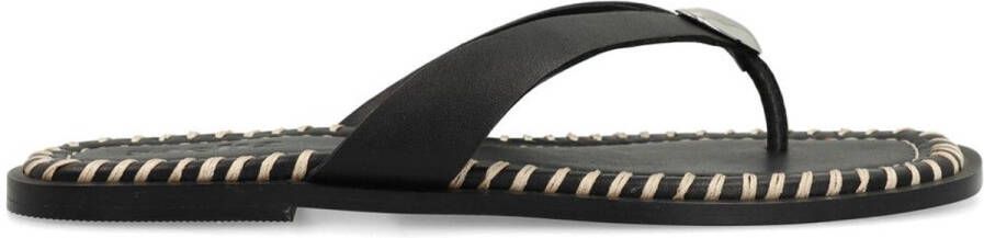 Sacha Dames Zwarte leren slippers met zilverkleurig detail