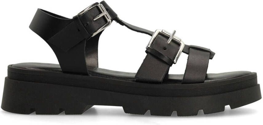 Sacha Dames Zwarte plateau sandalen met zilverkleurige buckles