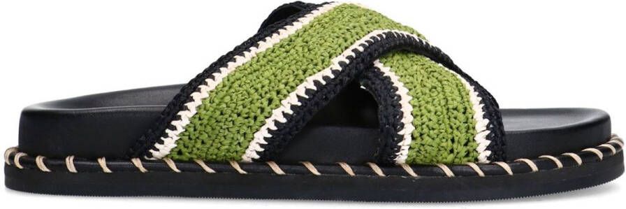Sacha Dames Zwarte plateau slippers met groene bandjes