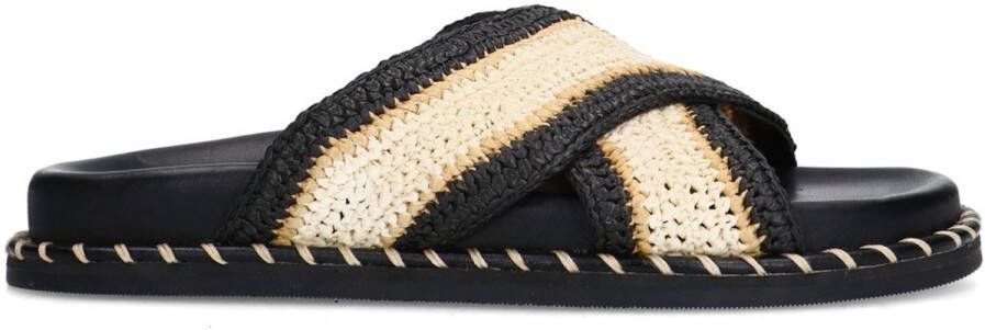 Sacha Dames Zwarte plateauslippers met beige band