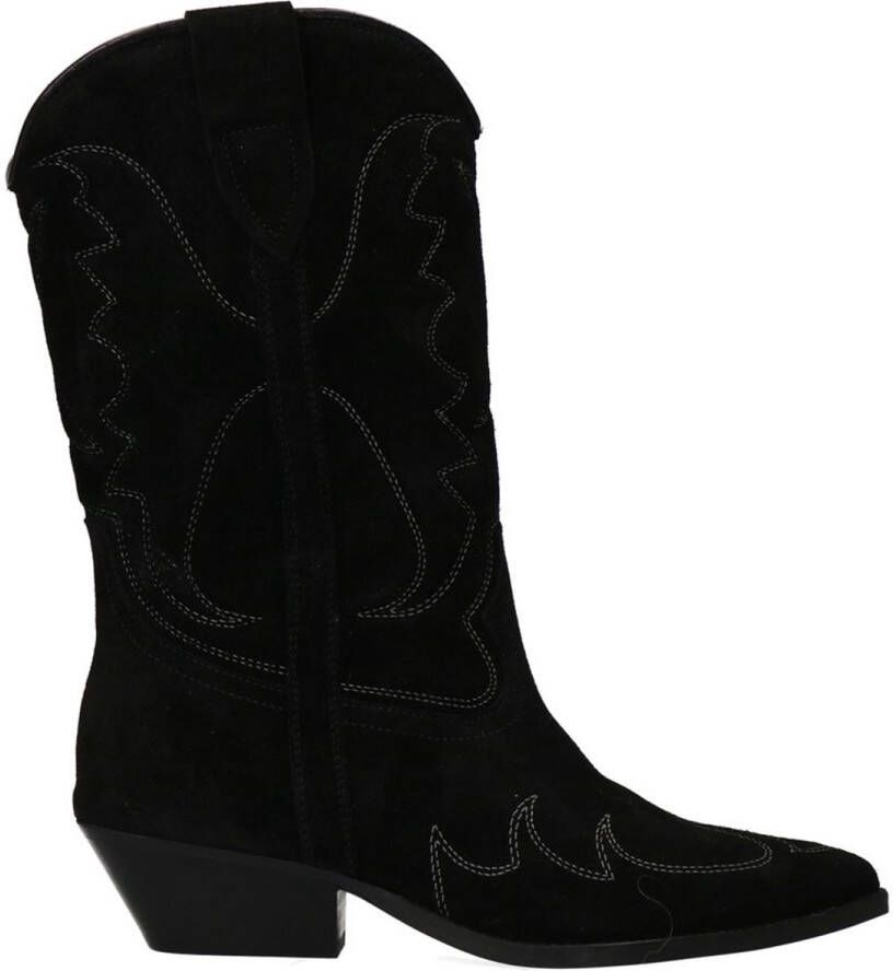 Sacha Dames Zwarte suède cowboylaarzen met sierstiksels