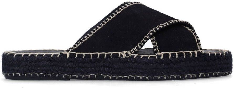 Sacha Dames Zwarte suède slippers met witte stiksels