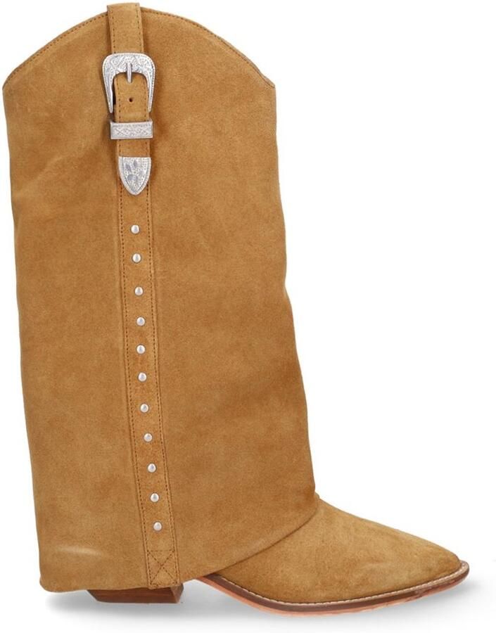 Sacha Dames Beige suède cowboylaarzen met flap