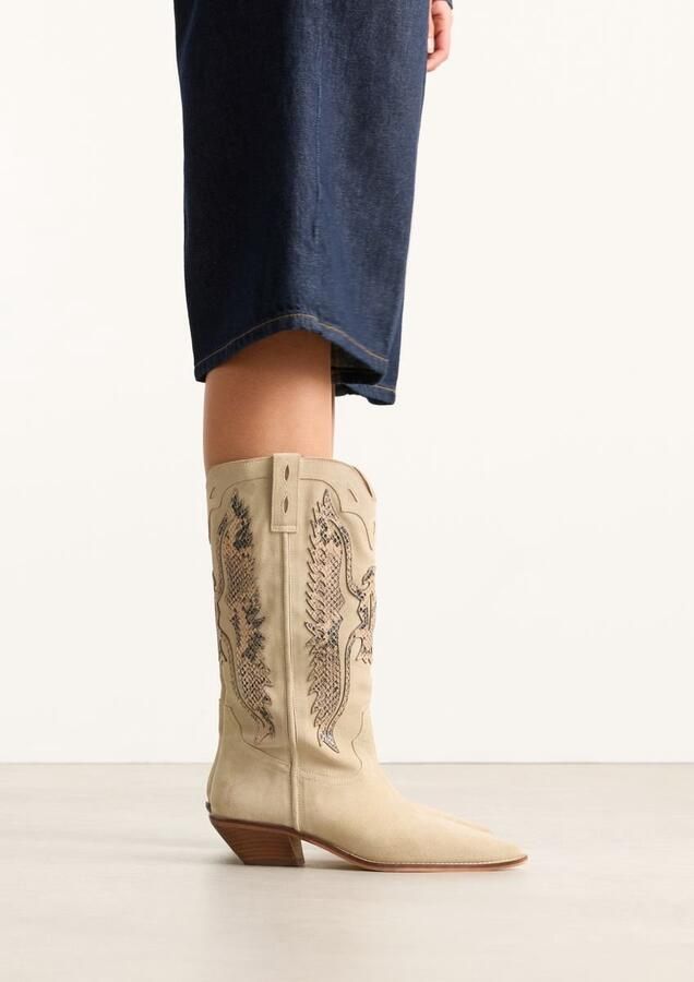 Sacha Dames Beige suède cowboylaarzen met sierstiksels