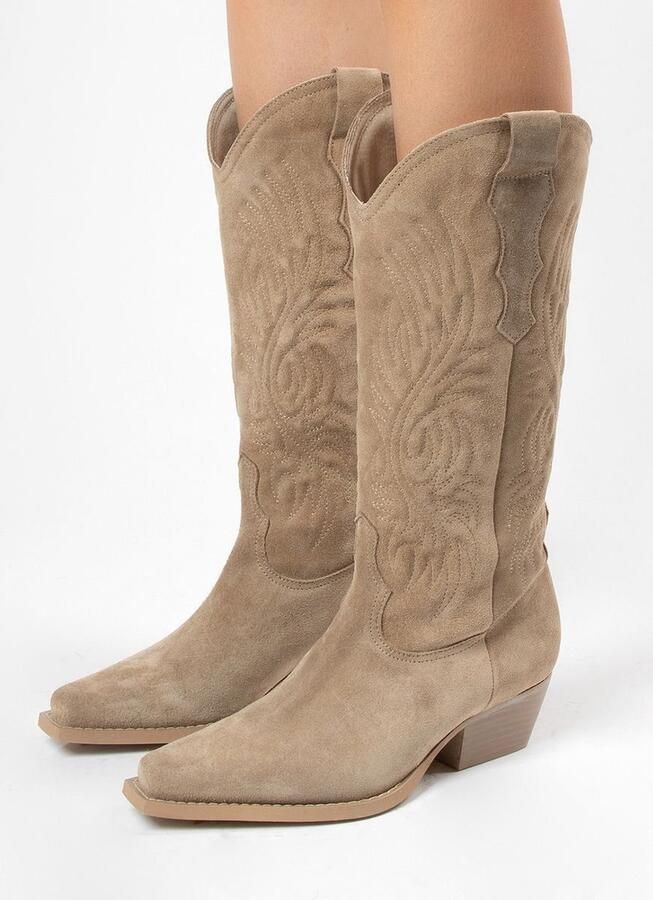 Sacha Dames PRE-ORDER Beige suède cowboylaarzen met stiksels - Foto 2