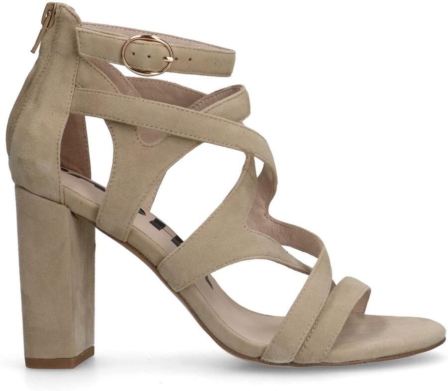 Sacha Dames Beige suède opengewerkte sandalen met hak