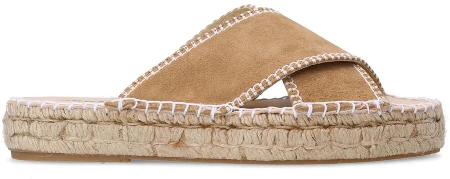 Sacha Dames Beige suède slippers met witte stiksels