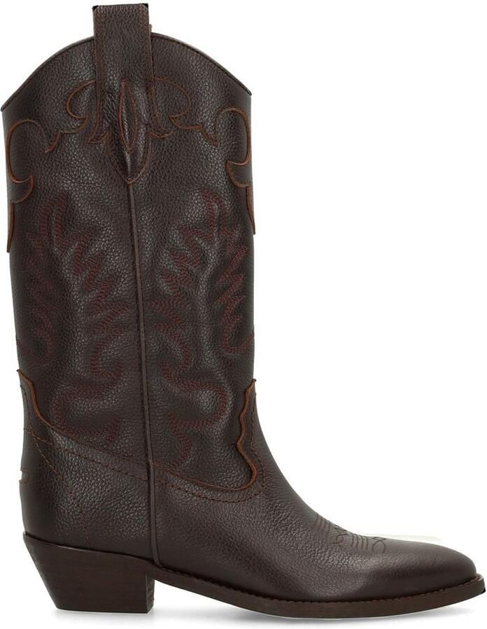 Sacha Dames Bruine leren cowboylaarzen met sierstiksels