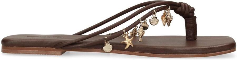 Sacha Dames Bruine leren slippers met goudkleurige charms