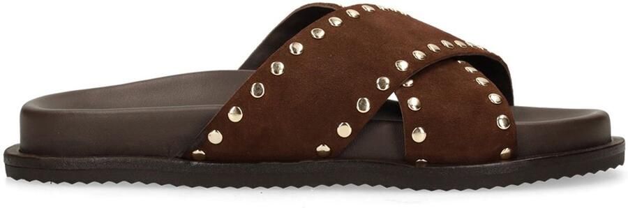 Sacha Dames Bruine suède slippers met goudkleurige studs