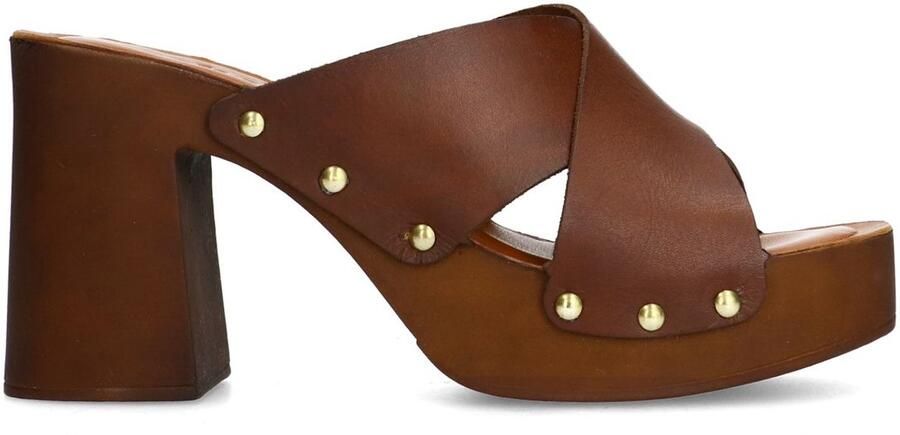 Sacha Dames Cognac leren muiltjes met plateau hak