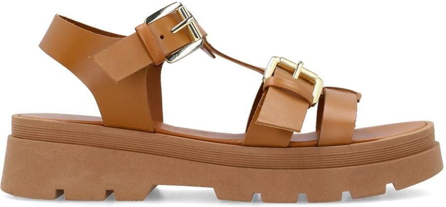 Sacha Dames Cognac leren plateau sandalen met goudkleurige buckles