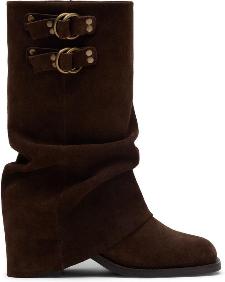 Sacha Dames Donkerbruine suède biker boots met flap