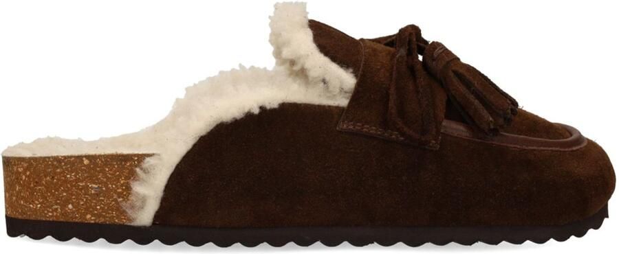 Sacha Dames Donkerbruine suède clogs met wol
