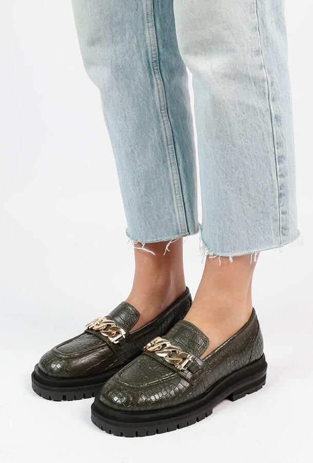 Sacha Dames Donkergroene leren loafers met goudkleurige chain - Foto 2