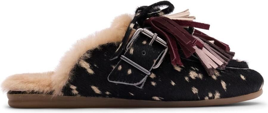 Sacha Dames Zwarte bambi print muiltjes met wol