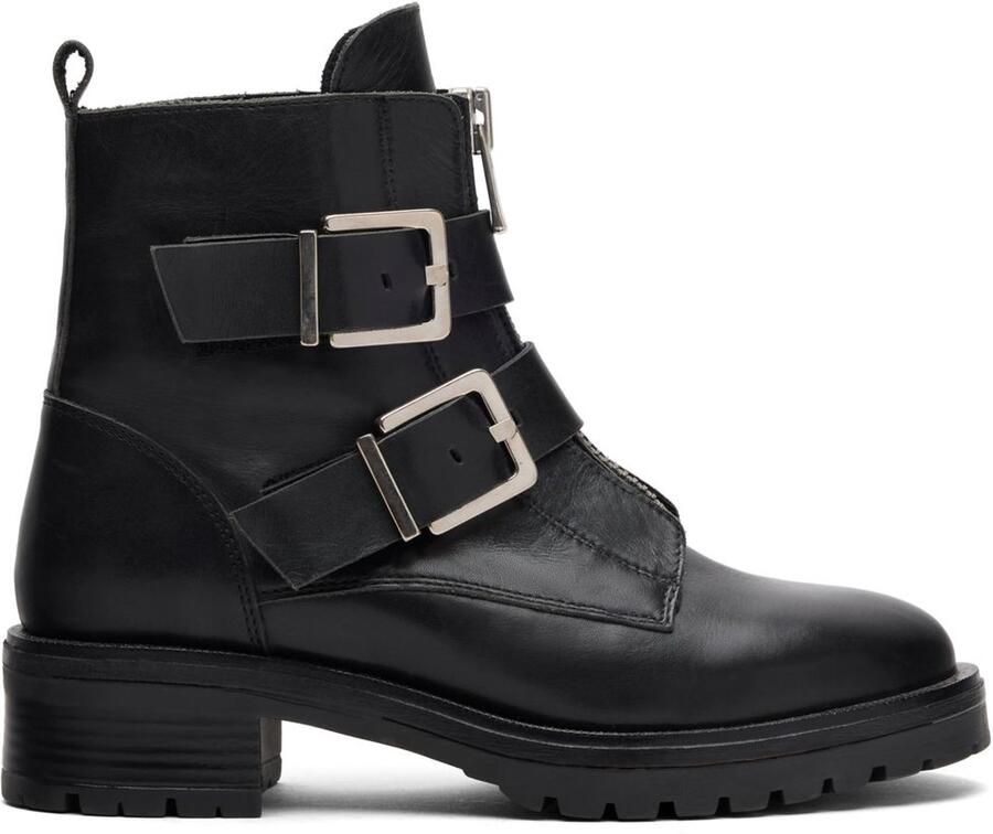 Sacha Dames Zwarte leren biker boots met zilverkleurige gespen