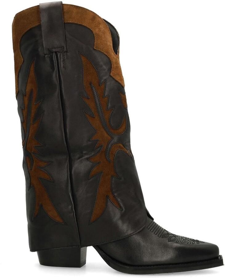 Sacha Dames Zwarte leren Cowboylaarzen met bruine suède details