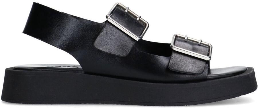 Sacha Dames Zwarte leren plateau sandalen met zilverkleurige buckles