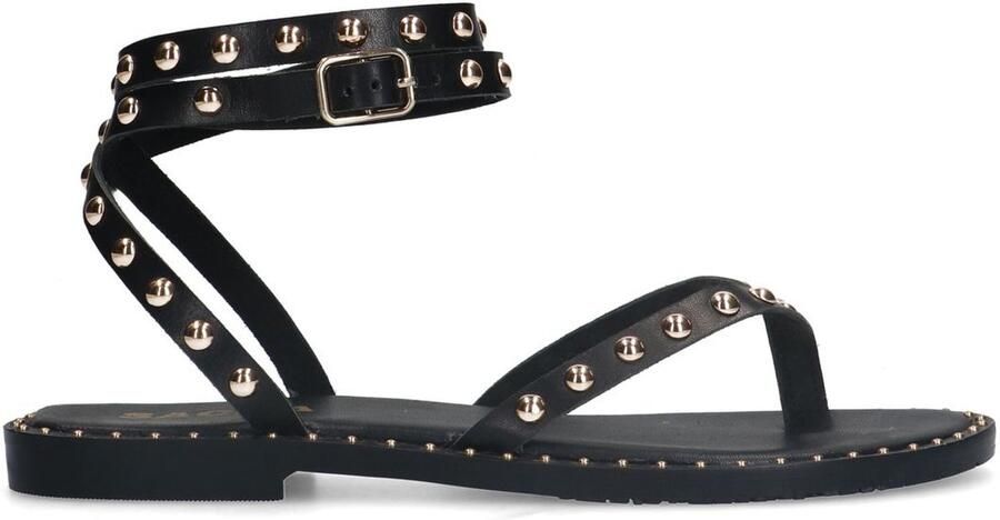 Sacha Dames Zwarte leren platte sandalen met goudkleurige studs